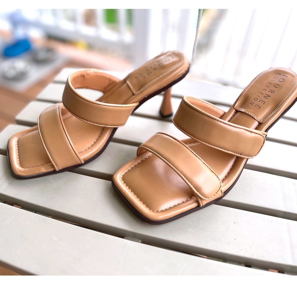 Journee Collection Essey Tan Padded Double Strap Square Toe Flared Heel  9.5 - Picture 10 of 12